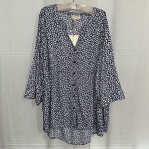 Cynthia Rowley 3X Navy White Ditsy Floral V-Neck Button Front Tunic